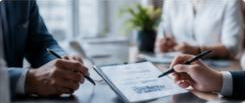 Échange professionnel autour de documents et d’une tablette