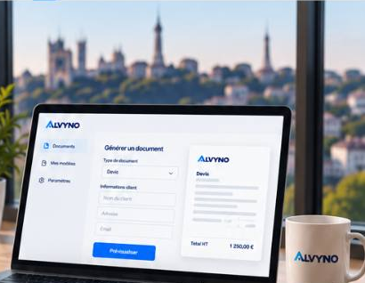 Bureau avec ordinateur présentant le prototype du générateur ALVYNO et vue sur Lyon